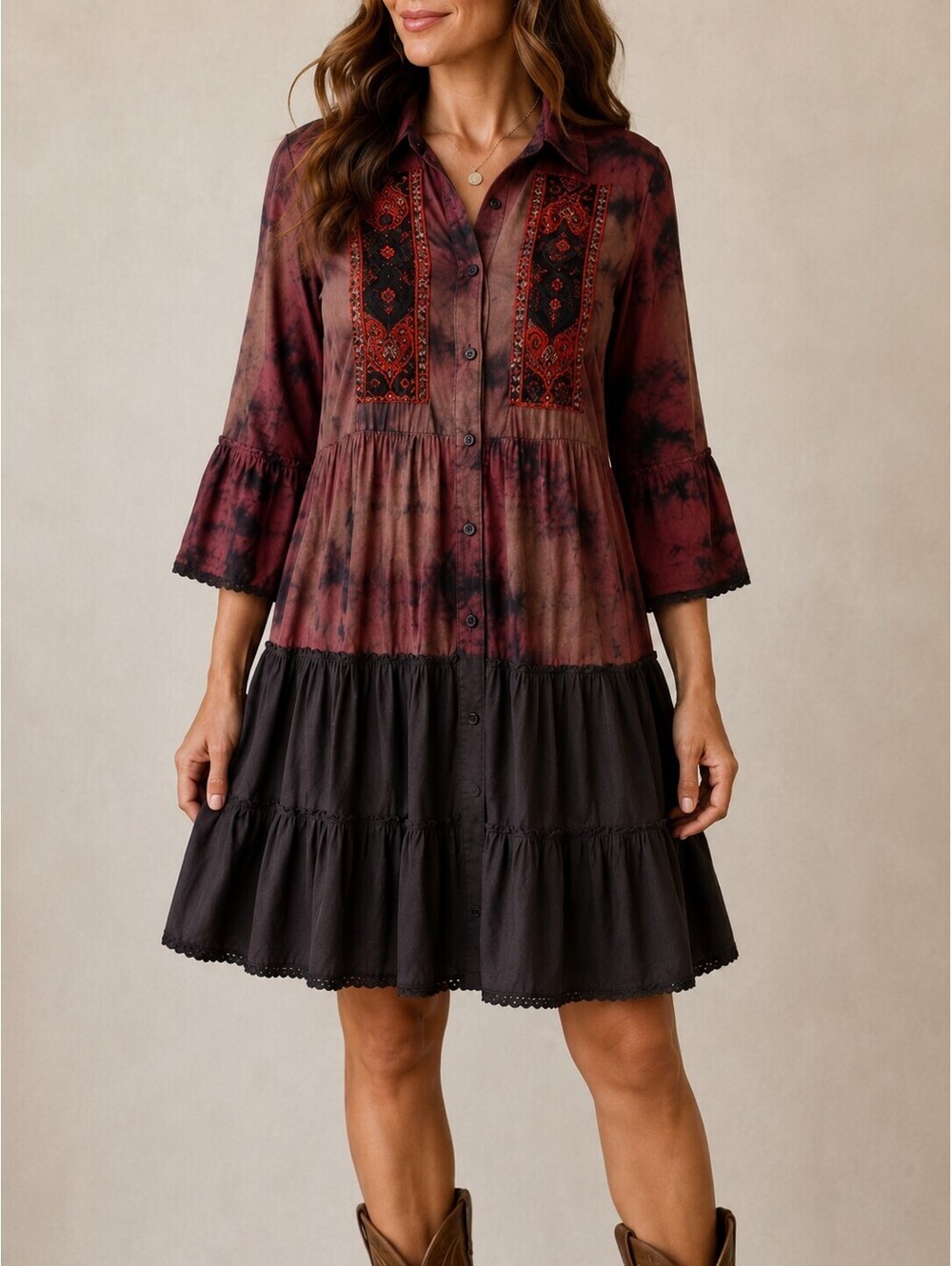 Parsley & Sage W Sm Judith Tiered Dress Tie Dye Embroidered Burgandy Boho